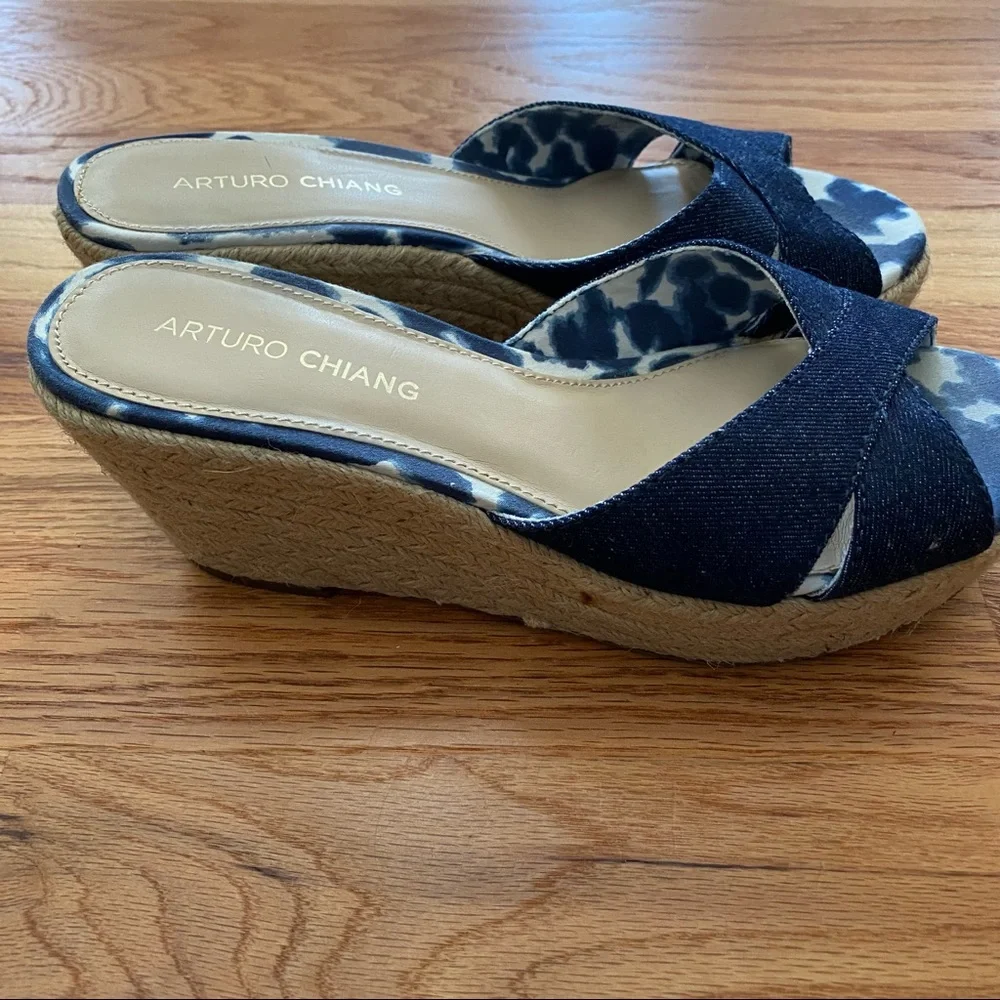 Arturo Chiang Blue‎ Denim Espadrille Wedge Slides